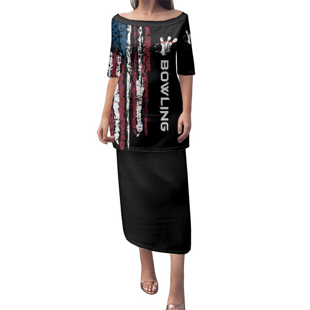 Distressed American Flag Family Matching Puletasi and Hawaiian Shirt with Bowling Pins and Ball Vertical Stripe Design - Wonder Print Shop