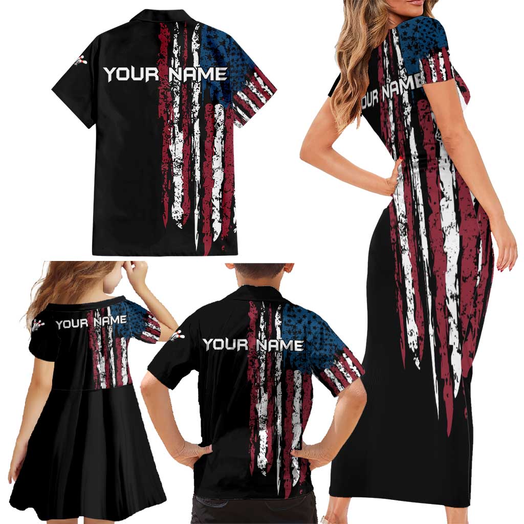 Distressed American Flag Family Matching Short Sleeve Bodycon Dress and Hawaiian Shirt with Bowling Pins and Ball Vertical Stripe Design - Wonder Print Shop