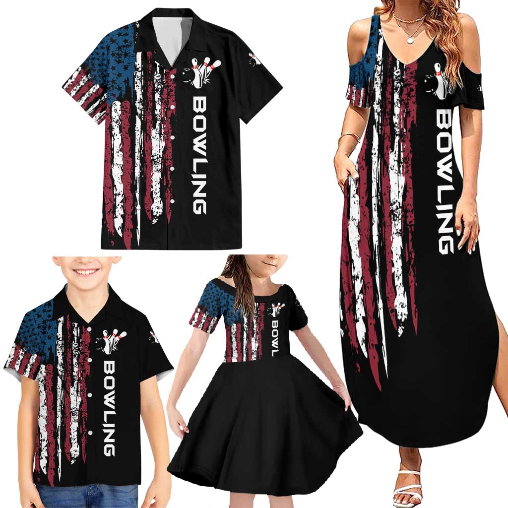 Distressed American Flag Family Matching Summer Maxi Dress and Hawaiian Shirt with Bowling Pins and Ball Vertical Stripe Design - Wonder Print Shop
