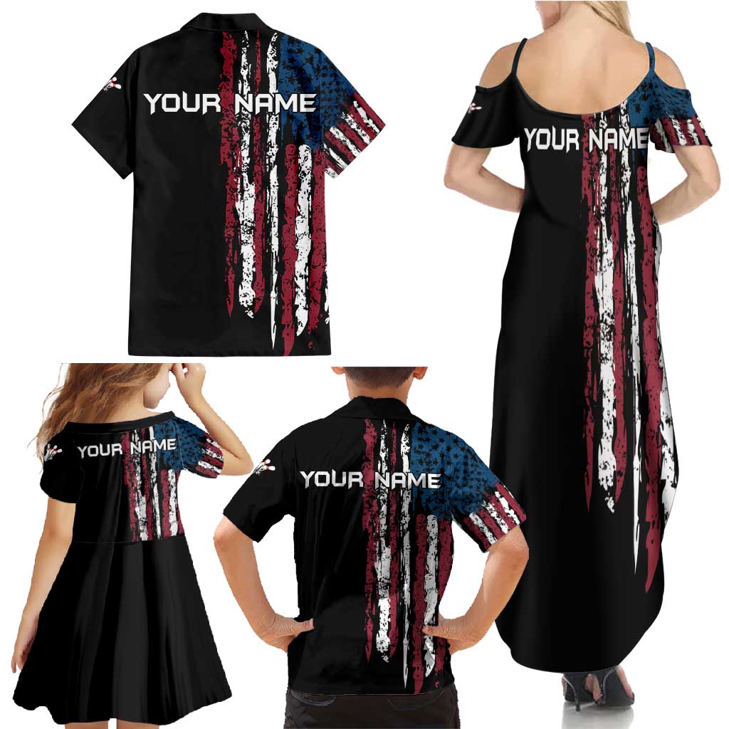 Distressed American Flag Family Matching Summer Maxi Dress and Hawaiian Shirt with Bowling Pins and Ball Vertical Stripe Design - Wonder Print Shop