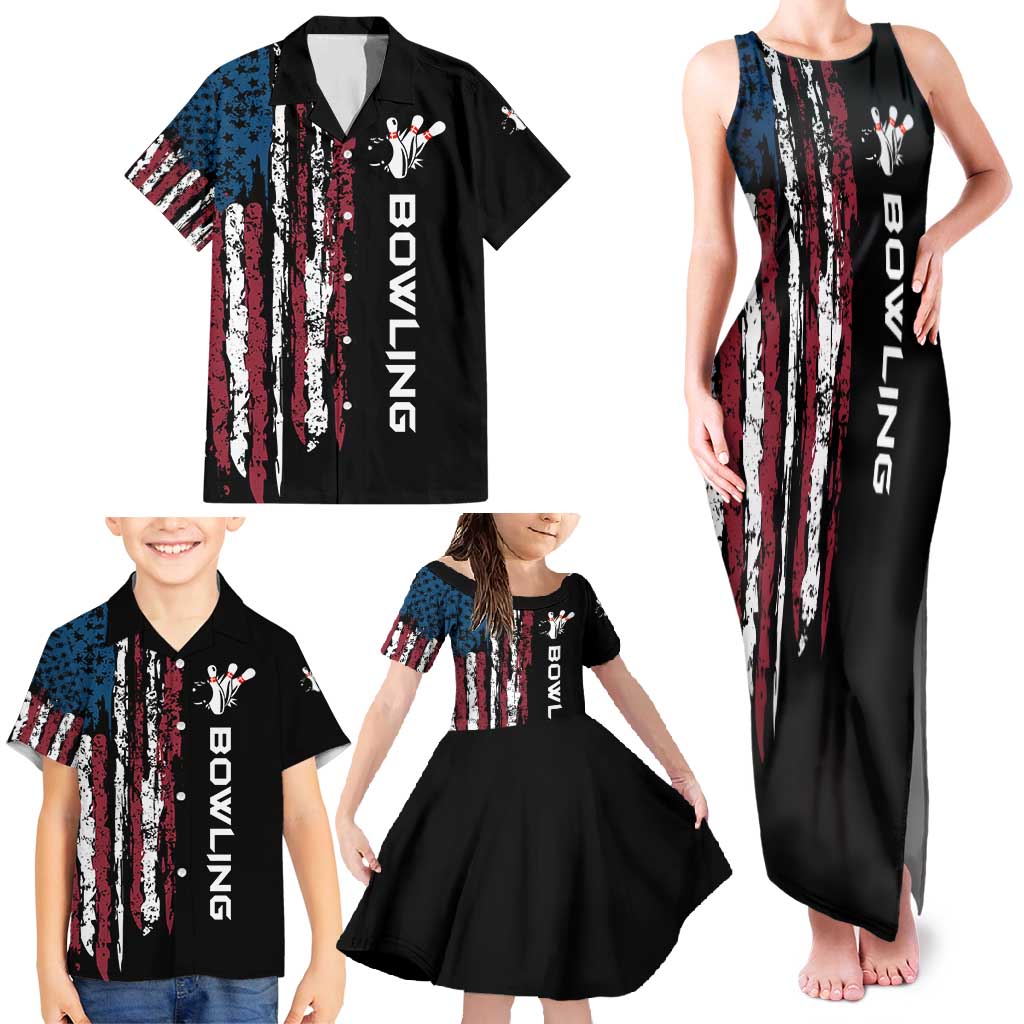 Distressed American Flag Family Matching Tank Maxi Dress and Hawaiian Shirt with Bowling Pins and Ball Vertical Stripe Design - Wonder Print Shop