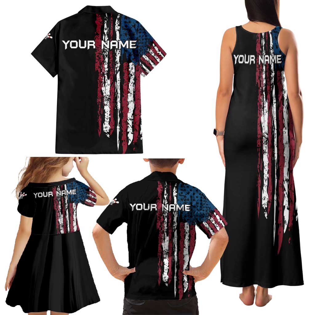 Distressed American Flag Family Matching Tank Maxi Dress and Hawaiian Shirt with Bowling Pins and Ball Vertical Stripe Design - Wonder Print Shop