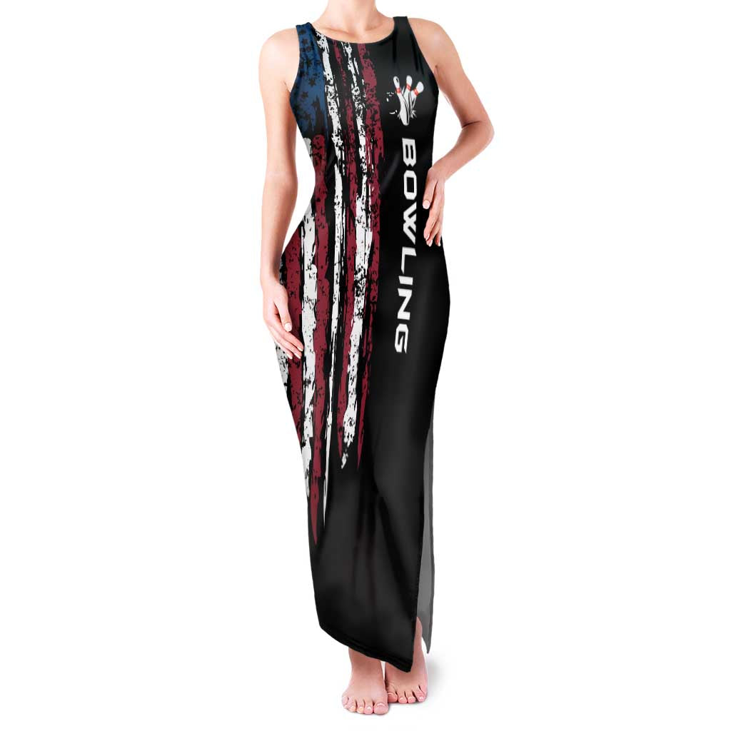 Distressed American Flag Family Matching Tank Maxi Dress and Hawaiian Shirt with Bowling Pins and Ball Vertical Stripe Design - Wonder Print Shop