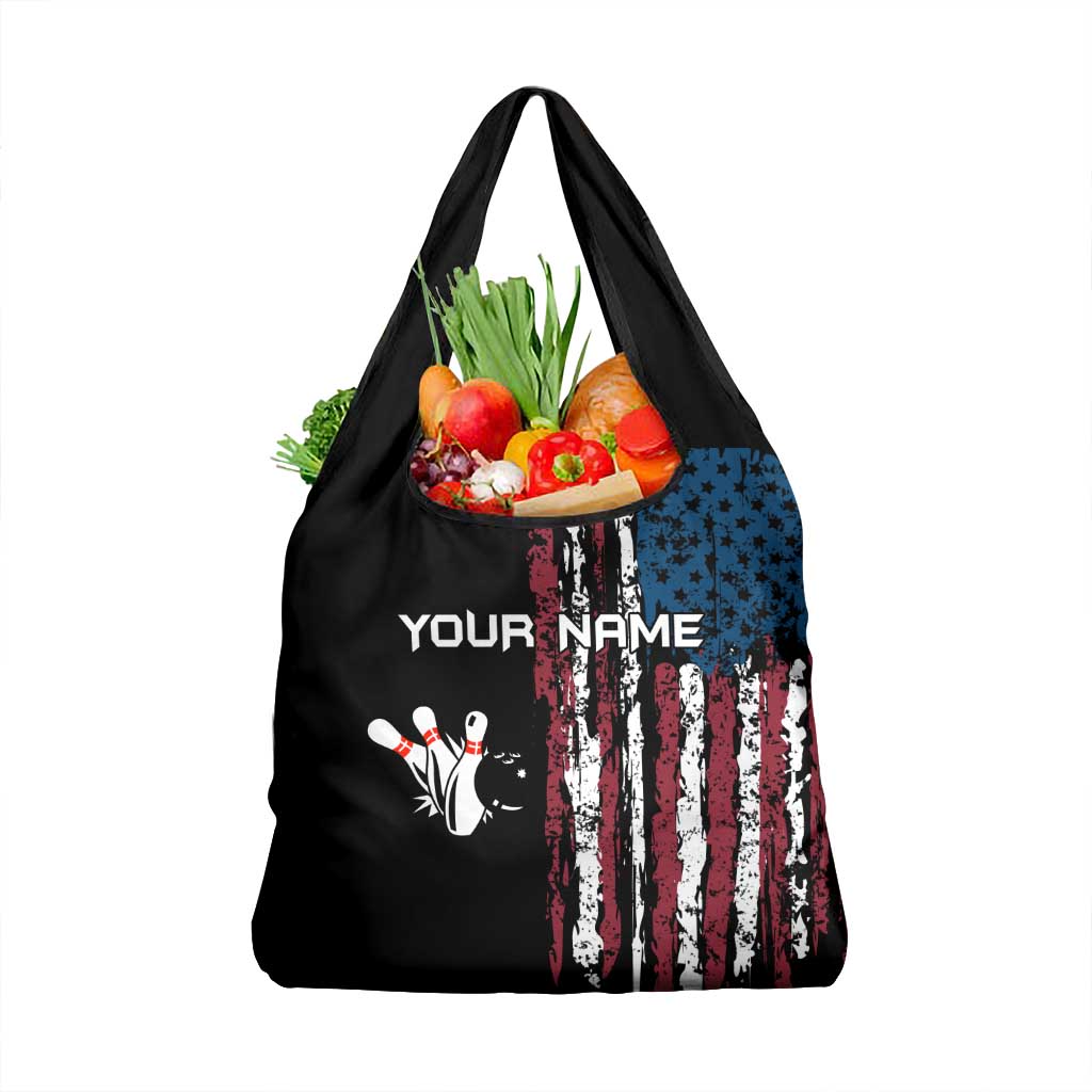 Distressed American Flag Grocery Bag with Bowling Pins and Ball Vertical Stripe Design - Wonder Print Shop