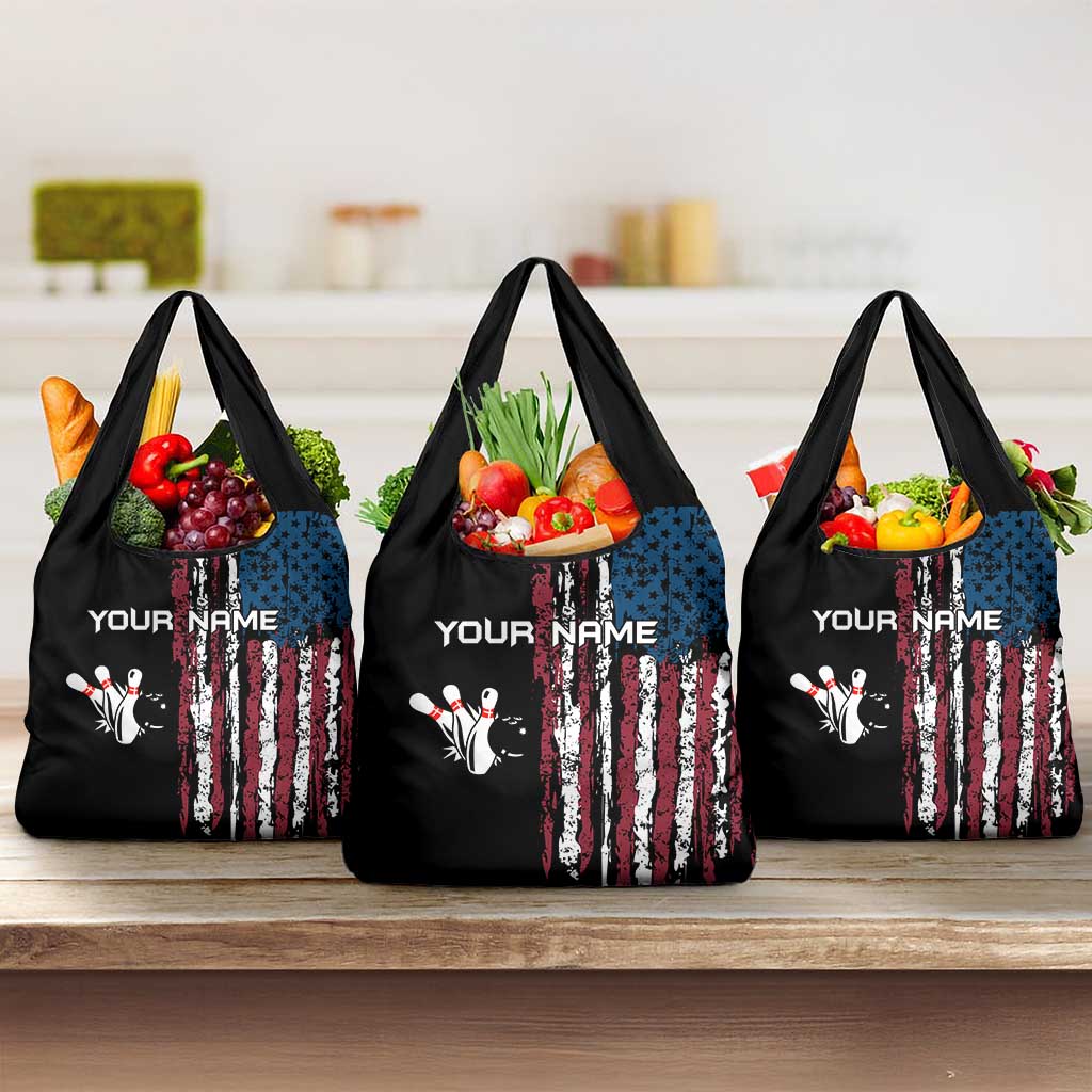 Distressed American Flag Grocery Bag with Bowling Pins and Ball Vertical Stripe Design - Wonder Print Shop