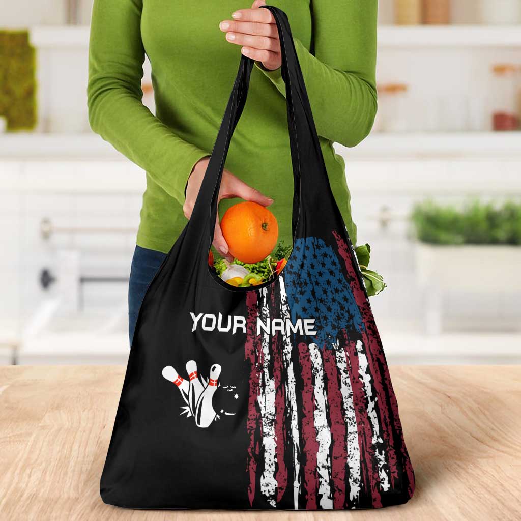 Distressed American Flag Grocery Bag with Bowling Pins and Ball Vertical Stripe Design - Wonder Print Shop