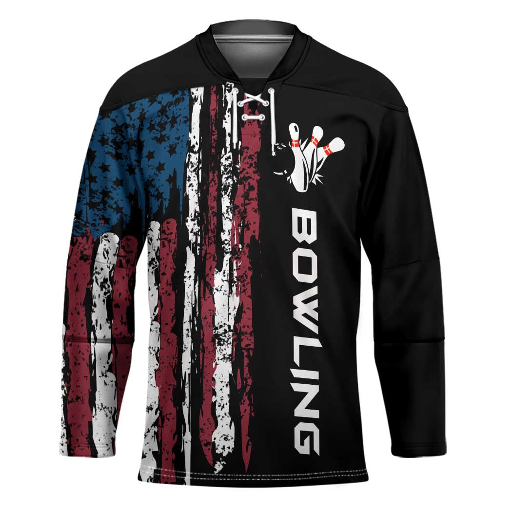 Distressed American Flag Hockey Jersey with Bowling Pins and Ball Vertical Stripe Design - Wonder Print Shop