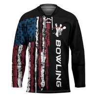 Distressed American Flag Hockey Jersey with Bowling Pins and Ball Vertical Stripe Design - Wonder Print Shop