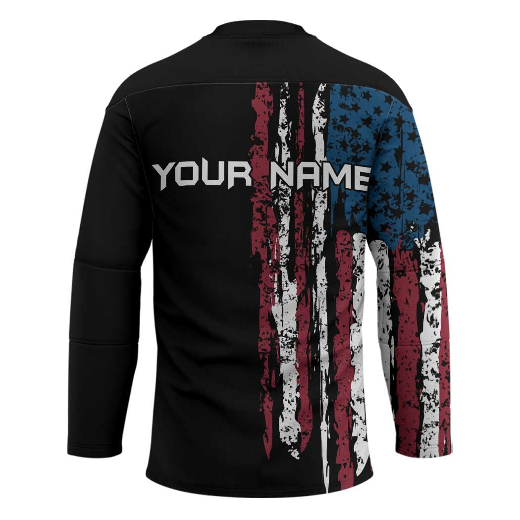 Distressed American Flag Hockey Jersey with Bowling Pins and Ball Vertical Stripe Design - Wonder Print Shop