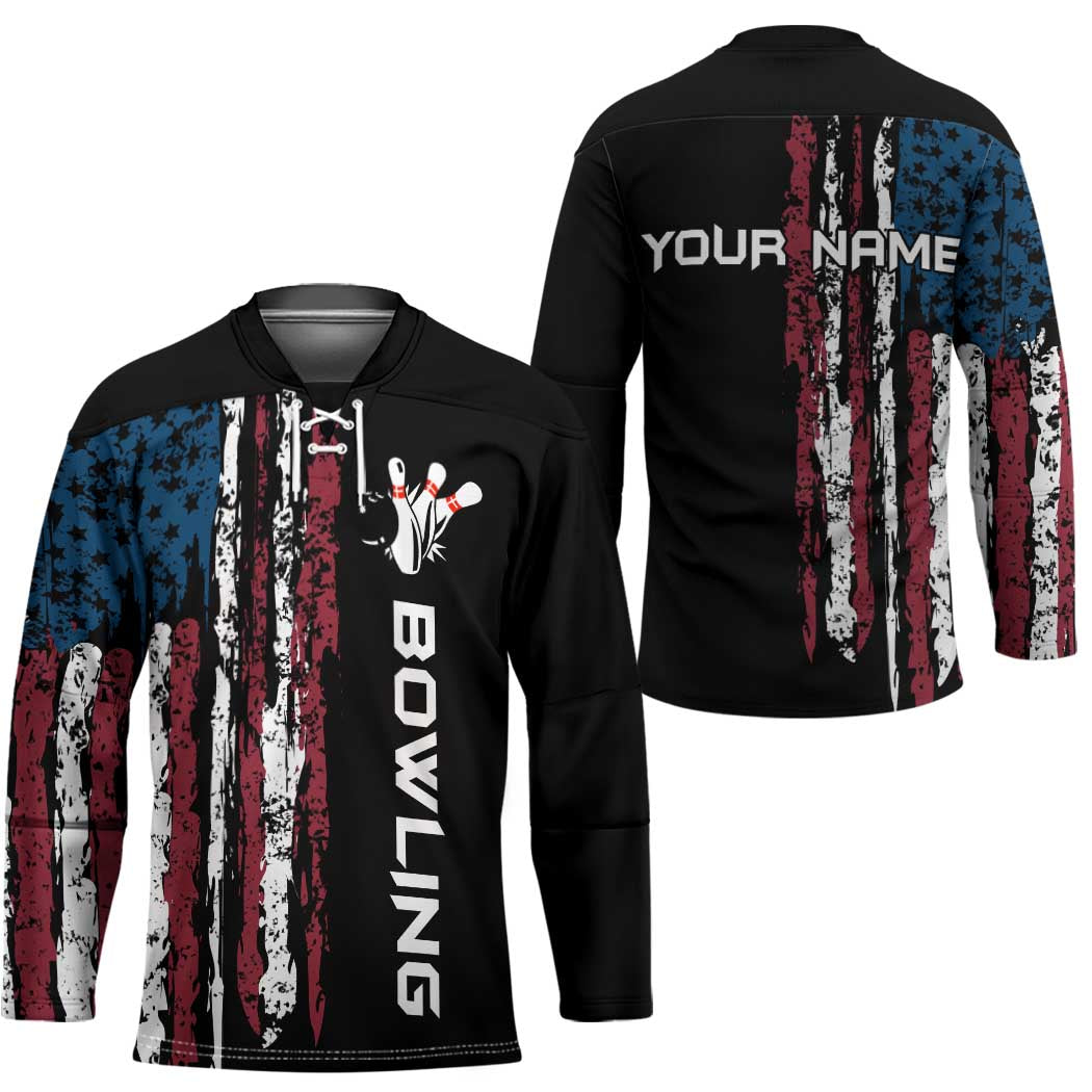 Distressed American Flag Hockey Jersey with Bowling Pins and Ball Vertical Stripe Design - Wonder Print Shop