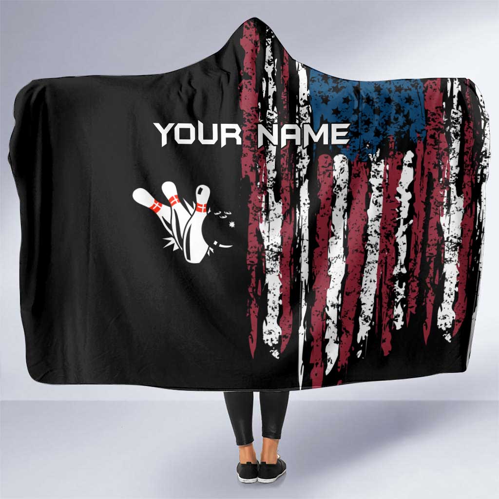 Distressed American Flag Hooded Blanket with Bowling Pins and Ball Vertical Stripe Design - Wonder Print Shop