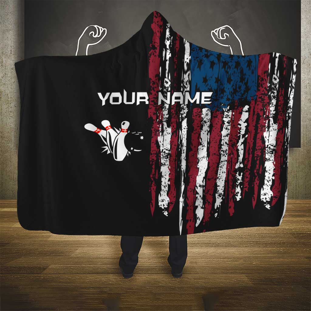 Distressed American Flag Hooded Blanket with Bowling Pins and Ball Vertical Stripe Design - Wonder Print Shop