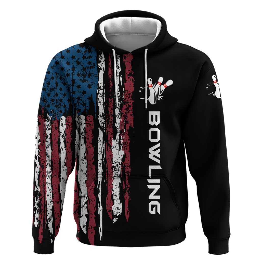 Distressed American Flag Hoodie with Bowling Pins and Ball Vertical Stripe Design - Wonder Print Shop