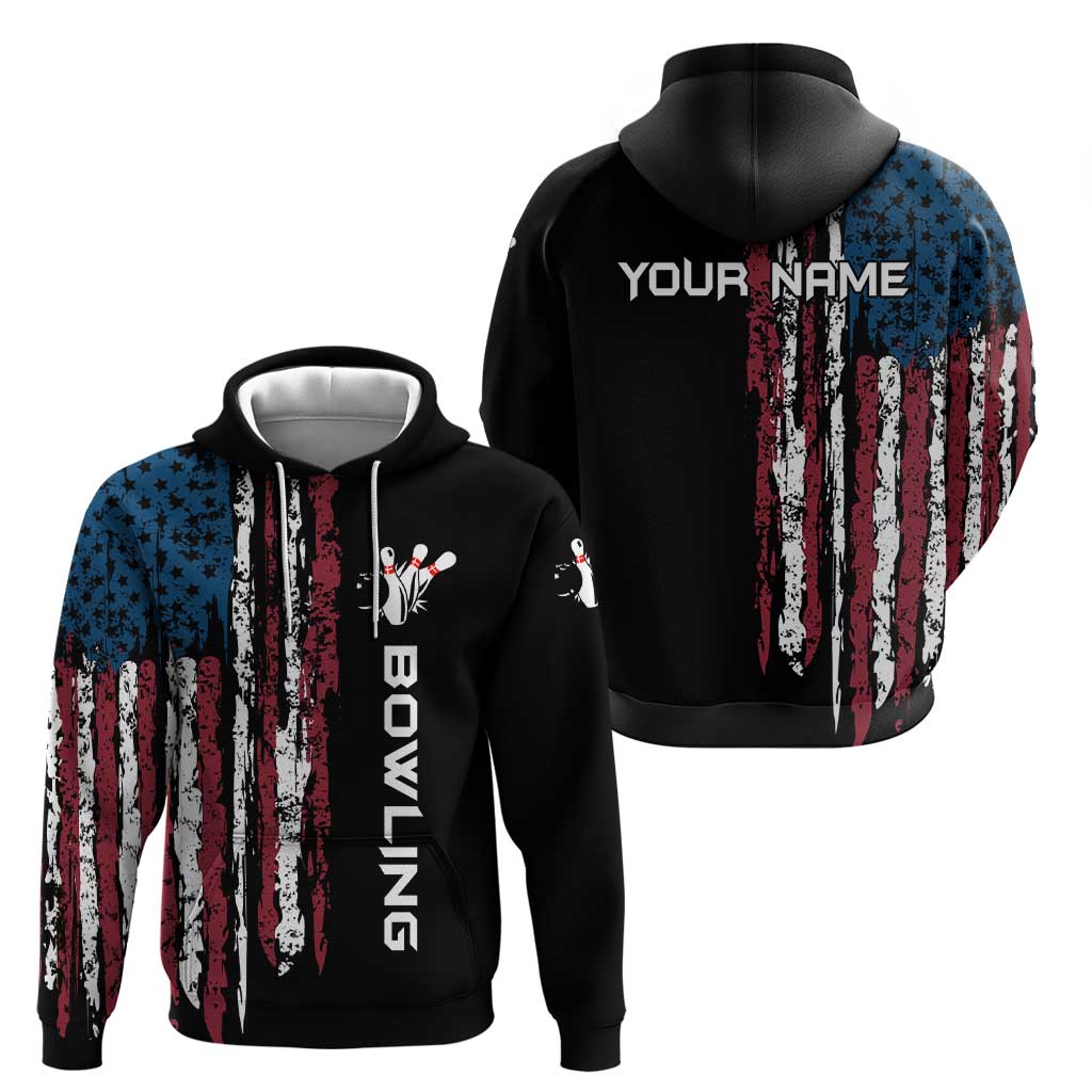 Distressed American Flag Hoodie with Bowling Pins and Ball Vertical Stripe Design - Wonder Print Shop