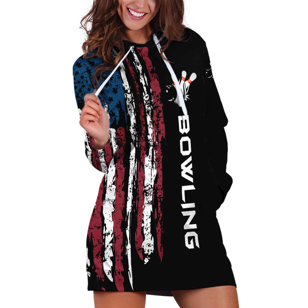 Distressed American Flag Hoodie Dress with Bowling Pins and Ball Vertical Stripe Design - Wonder Print Shop