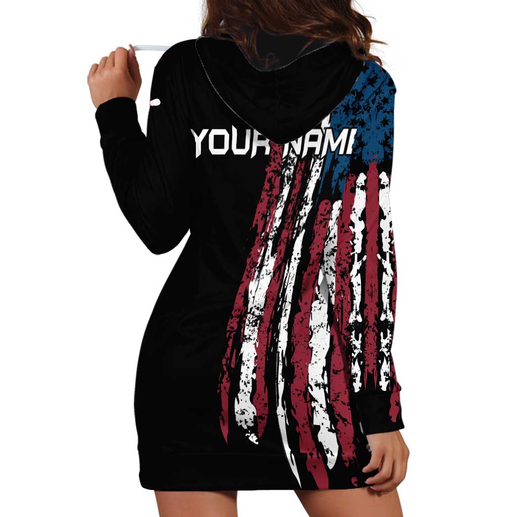 Distressed American Flag Hoodie Dress with Bowling Pins and Ball Vertical Stripe Design - Wonder Print Shop