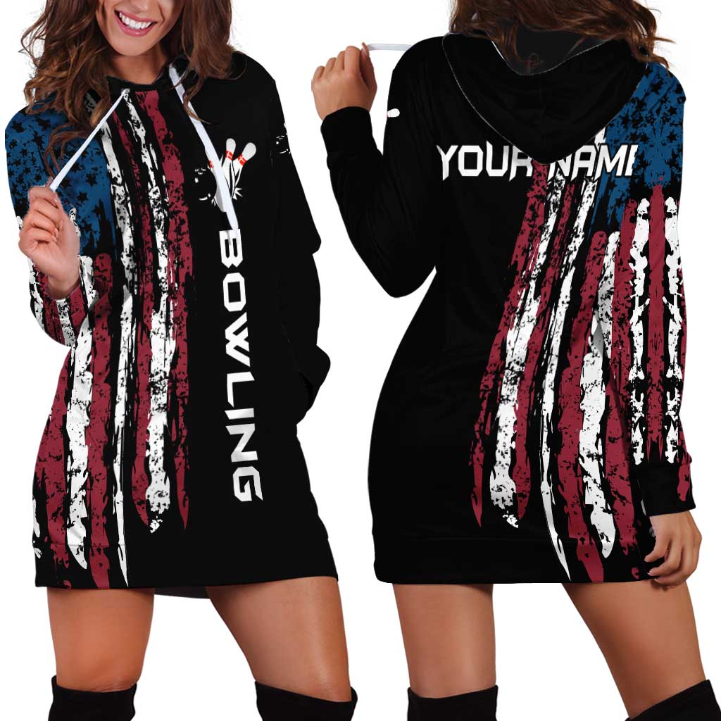 Distressed American Flag Hoodie Dress with Bowling Pins and Ball Vertical Stripe Design - Wonder Print Shop