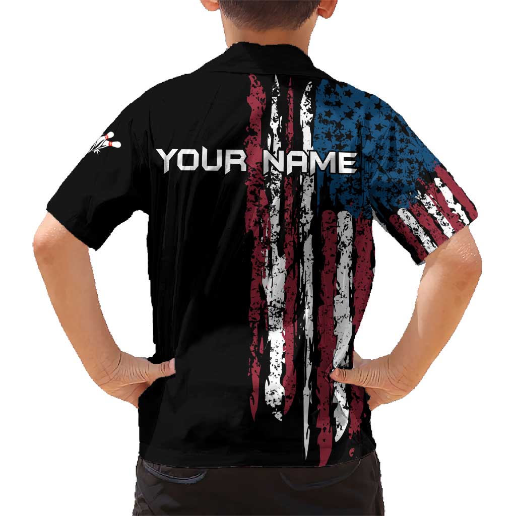 Distressed American Flag Kid Hawaiian Shirt with Bowling Pins and Ball Vertical Stripe Design - Wonder Print Shop