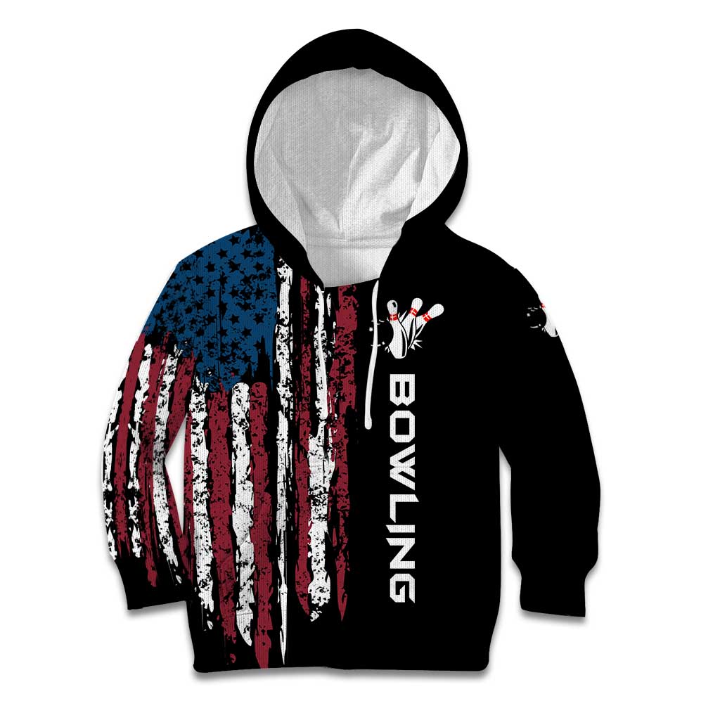 Distressed American Flag Kid Hoodie with Bowling Pins and Ball Vertical Stripe Design - Wonder Print Shop