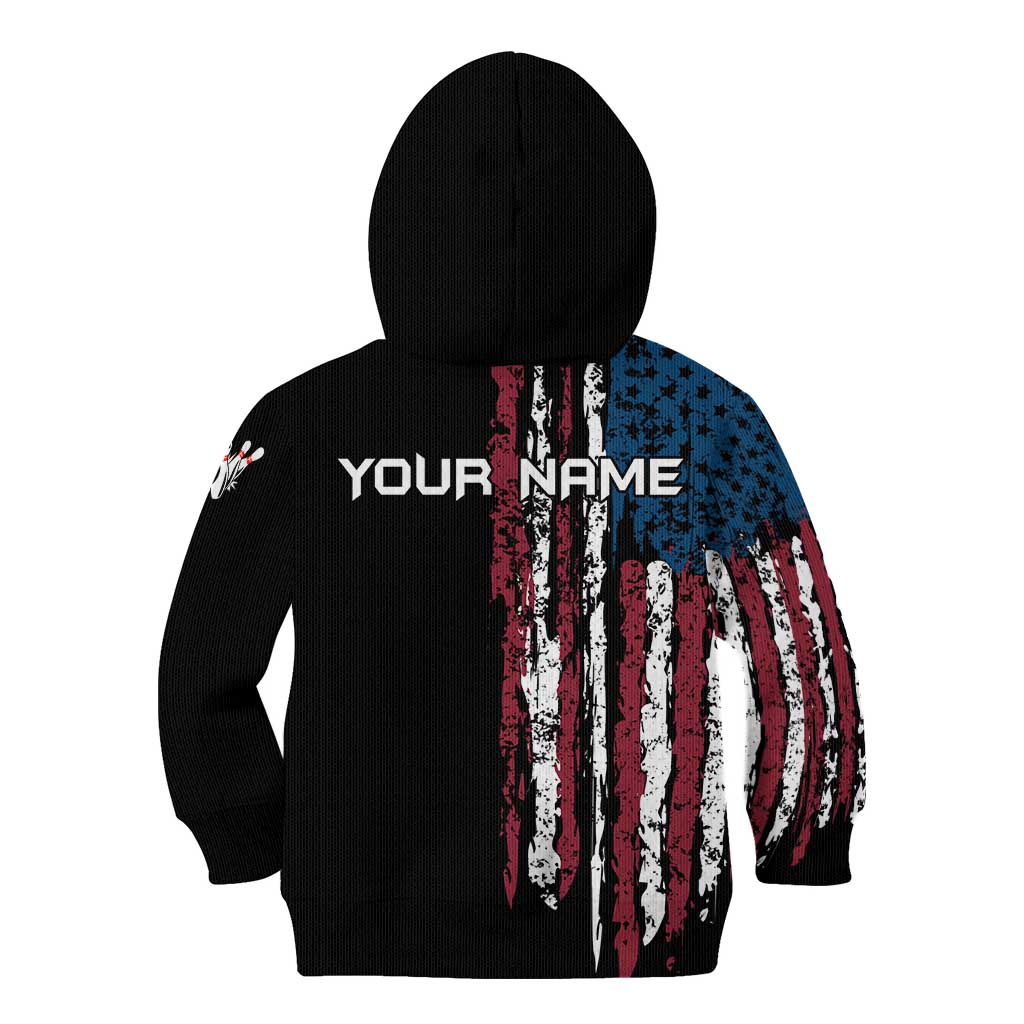 Distressed American Flag Kid Hoodie with Bowling Pins and Ball Vertical Stripe Design - Wonder Print Shop