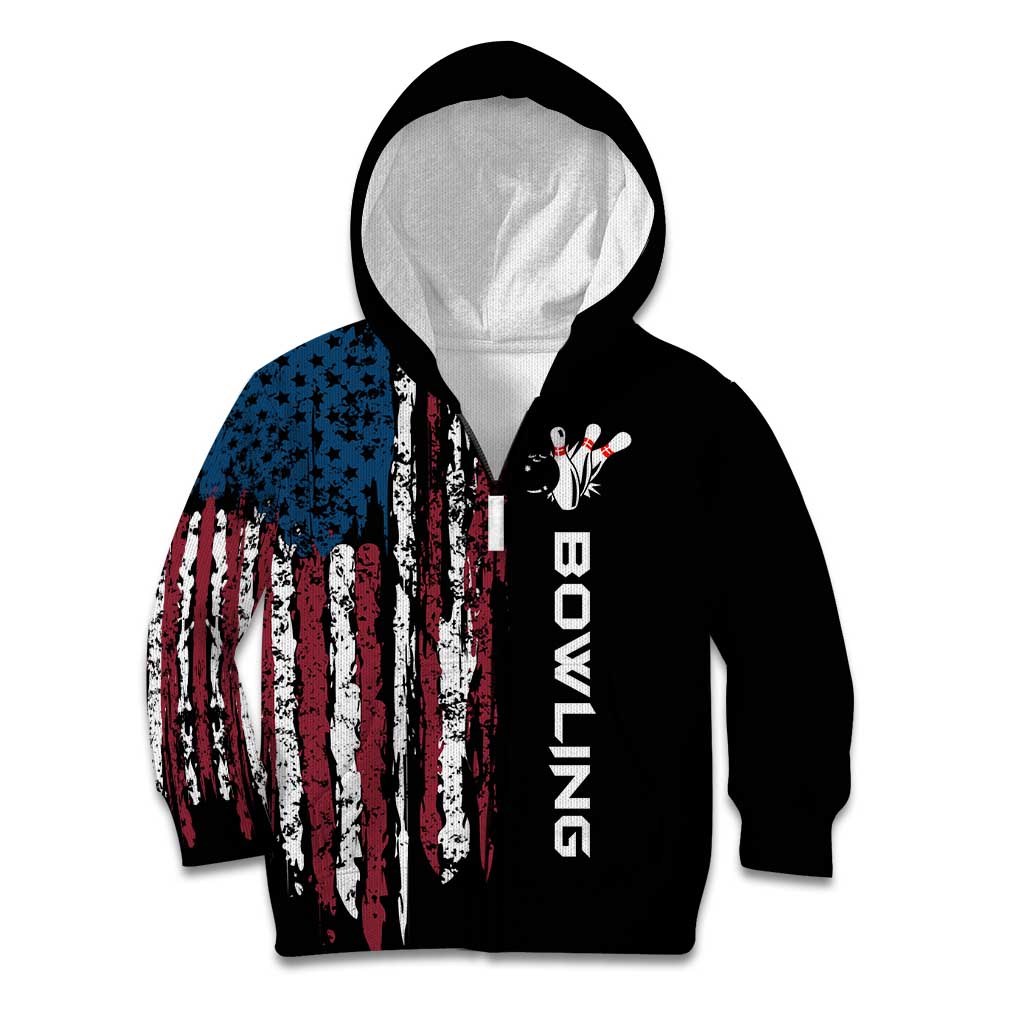 Distressed American Flag Kid Hoodie with Bowling Pins and Ball Vertical Stripe Design - Wonder Print Shop