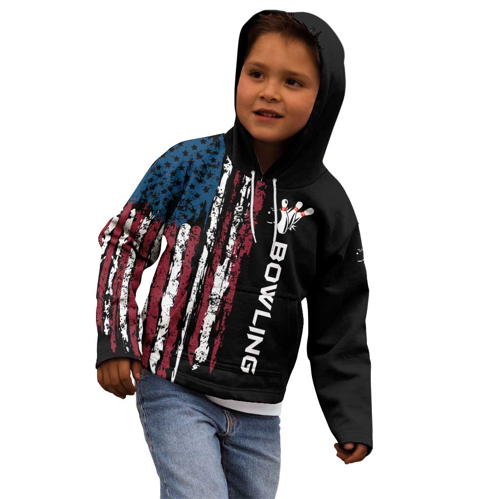 Distressed American Flag Kid Hoodie with Bowling Pins and Ball Vertical Stripe Design - Wonder Print Shop