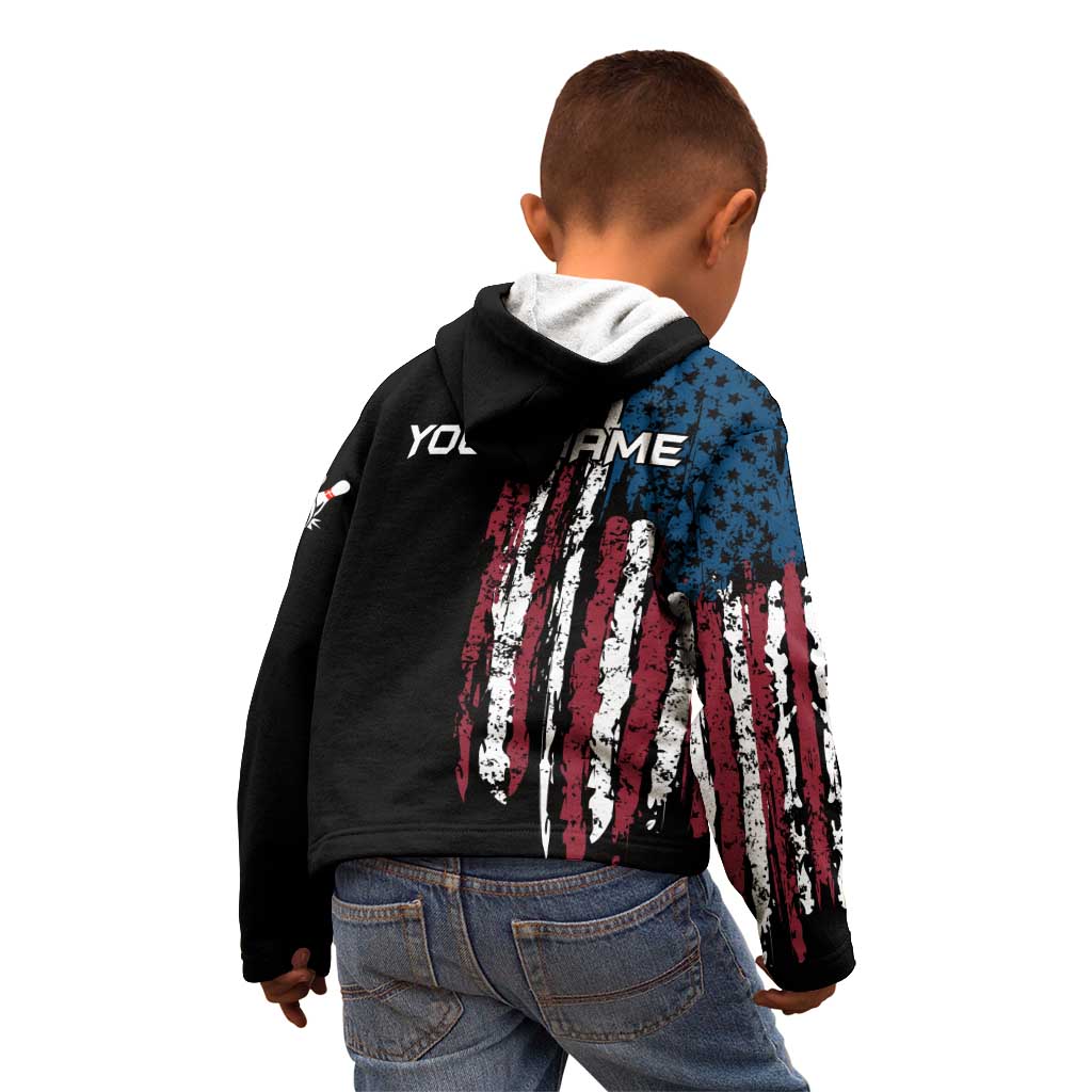 Distressed American Flag Kid Hoodie with Bowling Pins and Ball Vertical Stripe Design - Wonder Print Shop