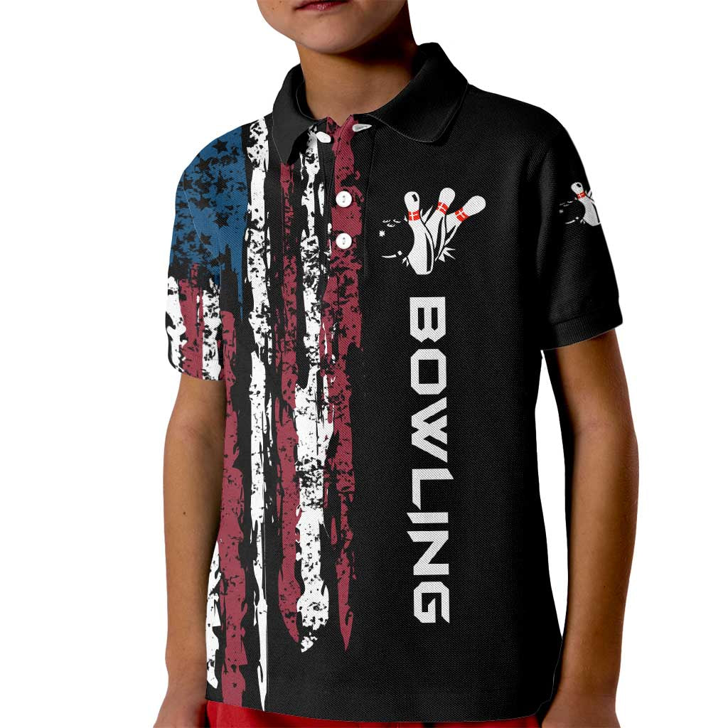 Distressed American Flag Kid Polo Shirt with Bowling Pins and Ball Vertical Stripe Design - Wonder Print Shop