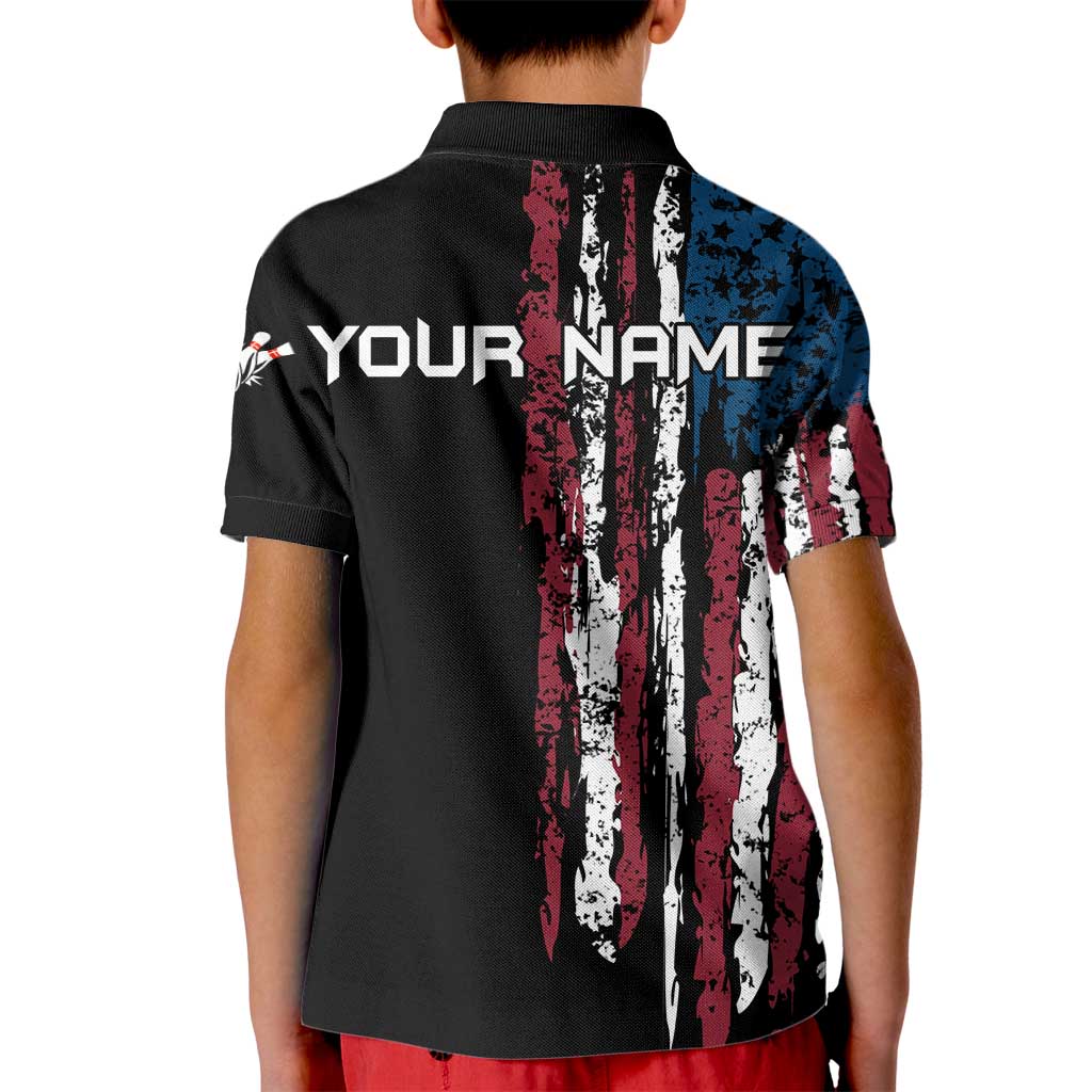 Distressed American Flag Kid Polo Shirt with Bowling Pins and Ball Vertical Stripe Design - Wonder Print Shop