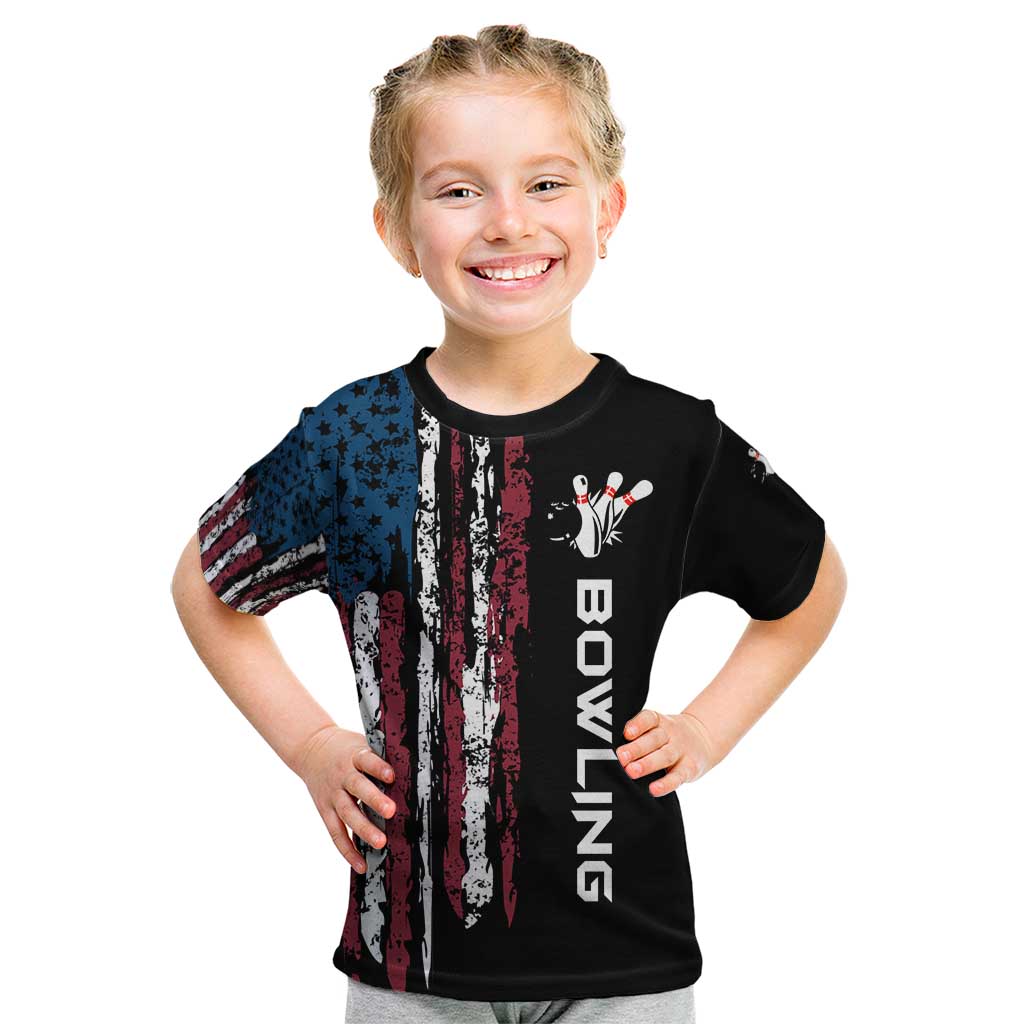 Distressed American Flag Kid T Shirt with Bowling Pins and Ball Vertical Stripe Design - Wonder Print Shop