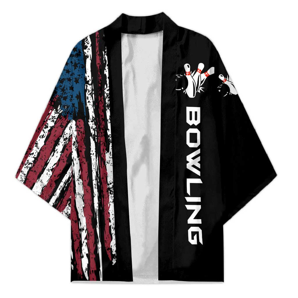 Distressed American Flag Kimono with Bowling Pins and Ball Vertical Stripe Design - Wonder Print Shop