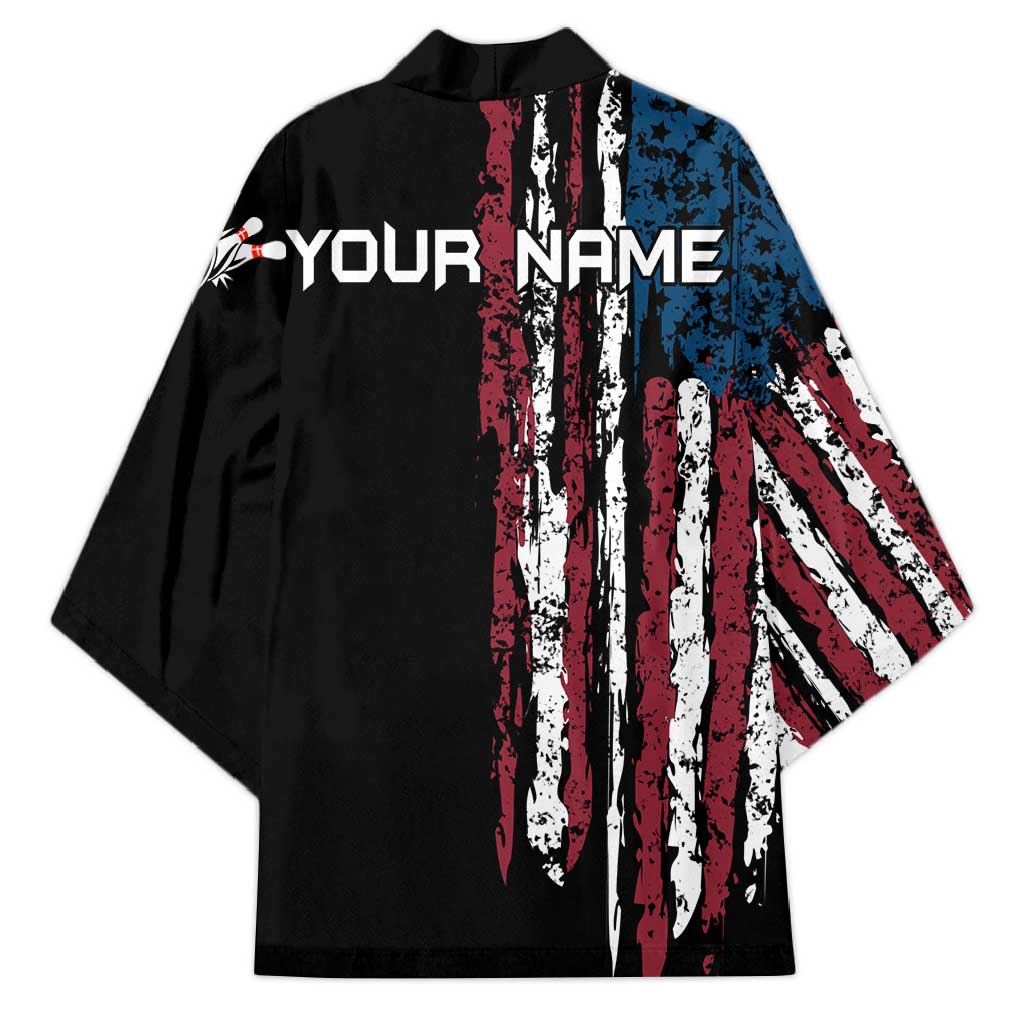 Distressed American Flag Kimono with Bowling Pins and Ball Vertical Stripe Design - Wonder Print Shop