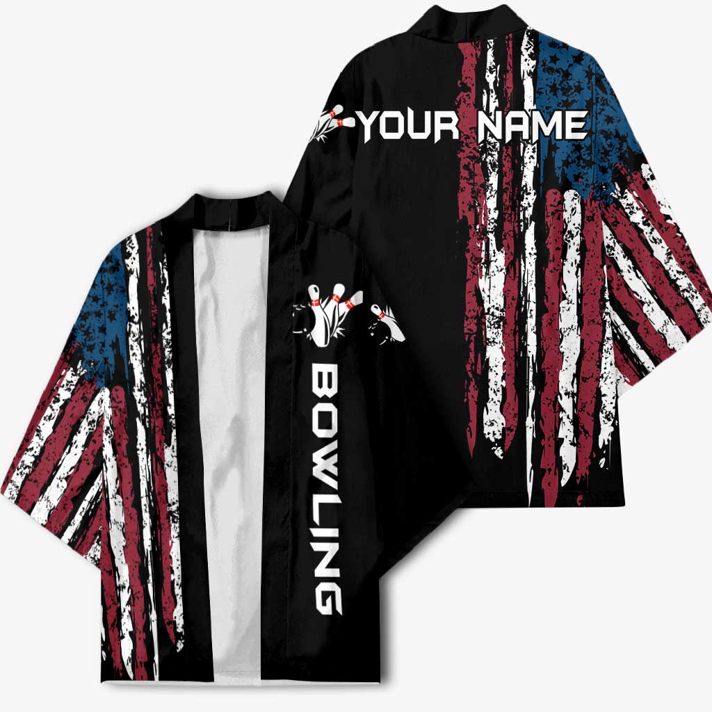 Distressed American Flag Kimono with Bowling Pins and Ball Vertical Stripe Design - Wonder Print Shop