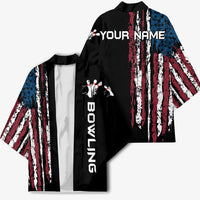 Distressed American Flag Kimono with Bowling Pins and Ball Vertical Stripe Design - Wonder Print Shop