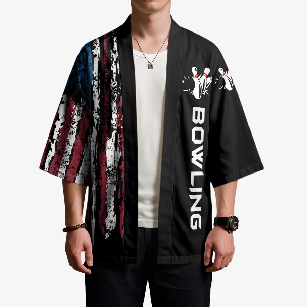 Distressed American Flag Kimono with Bowling Pins and Ball Vertical Stripe Design - Wonder Print Shop