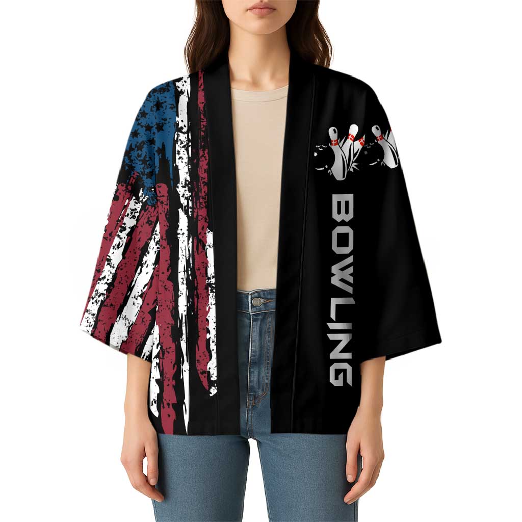 Distressed American Flag Kimono with Bowling Pins and Ball Vertical Stripe Design - Wonder Print Shop