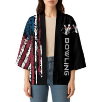 Distressed American Flag Kimono with Bowling Pins and Ball Vertical Stripe Design - Wonder Print Shop