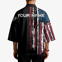 Distressed American Flag Kimono with Bowling Pins and Ball Vertical Stripe Design - Wonder Print Shop