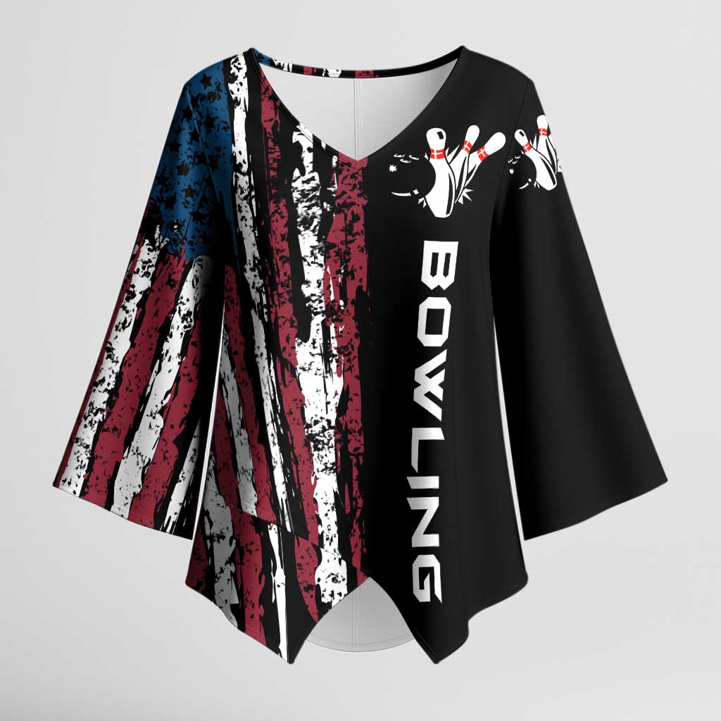 Distressed American Flag Kimono Sleeve Blouse with Bowling Pins and Ball Vertical Stripe Design - Wonder Print Shop