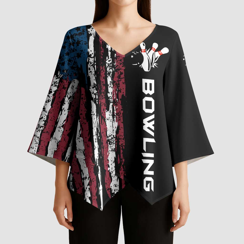 Distressed American Flag Kimono Sleeve Blouse with Bowling Pins and Ball Vertical Stripe Design - Wonder Print Shop