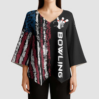 Distressed American Flag Kimono Sleeve Blouse with Bowling Pins and Ball Vertical Stripe Design - Wonder Print Shop