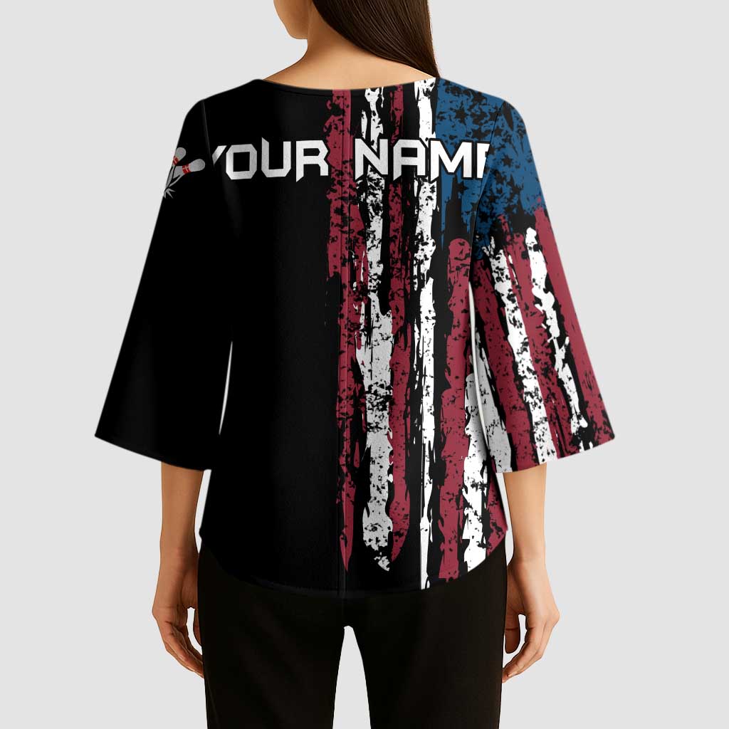 Distressed American Flag Kimono Sleeve Blouse with Bowling Pins and Ball Vertical Stripe Design - Wonder Print Shop