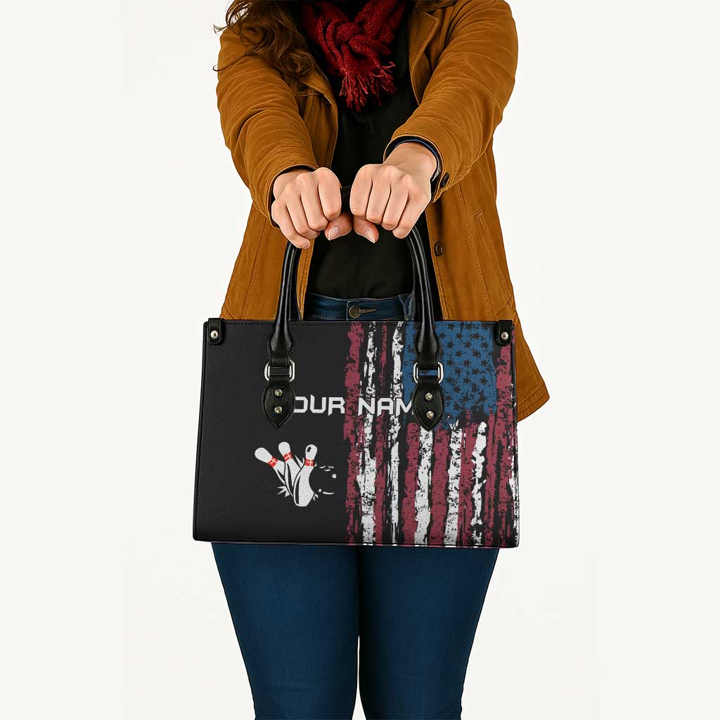 Distressed American Flag Leather Bag with Bowling Pins and Ball Vertical Stripe Design - Wonder Print Shop