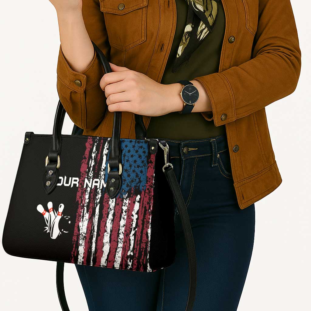 Distressed American Flag Leather Bag with Bowling Pins and Ball Vertical Stripe Design - Wonder Print Shop