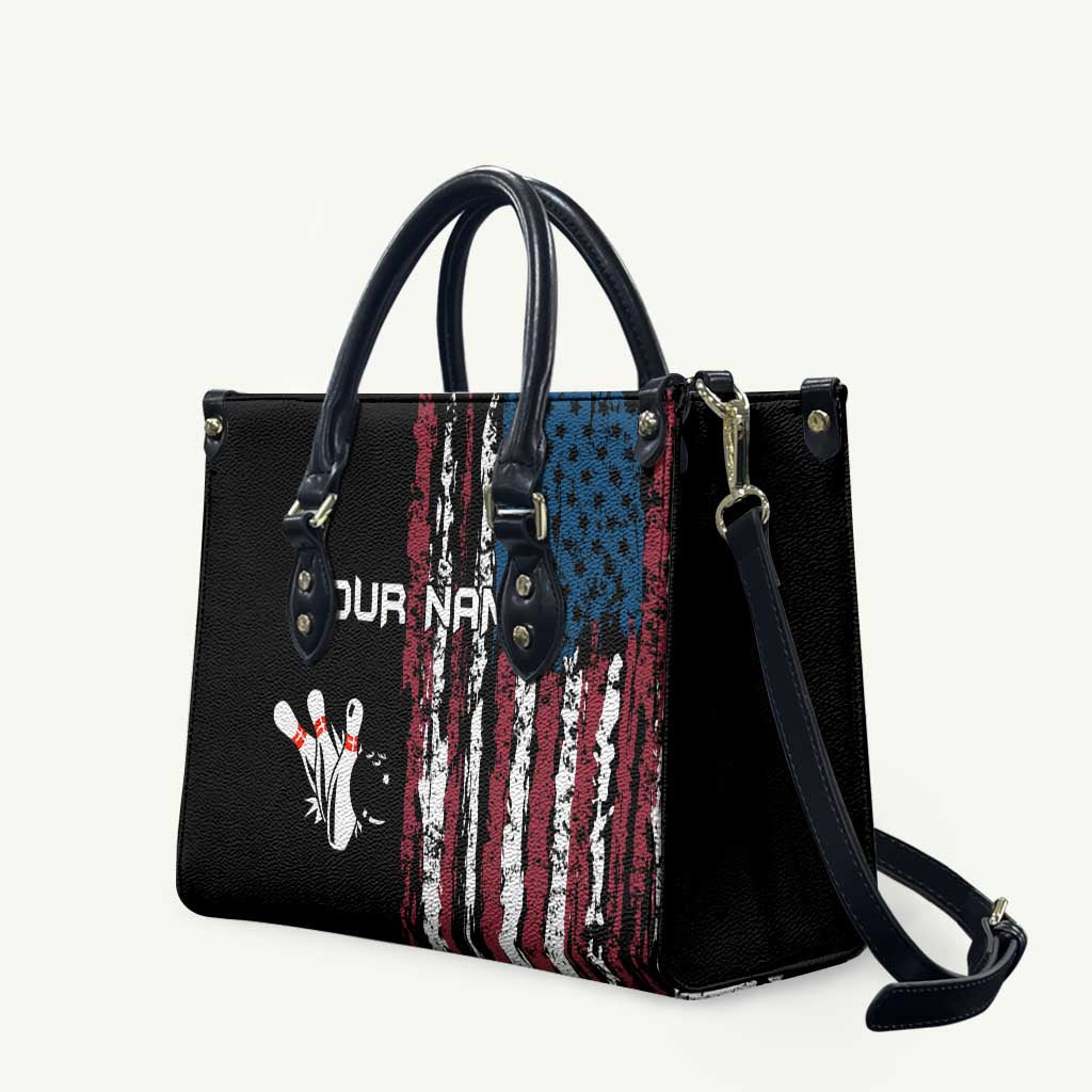 Distressed American Flag Leather Bag with Bowling Pins and Ball Vertical Stripe Design - Wonder Print Shop