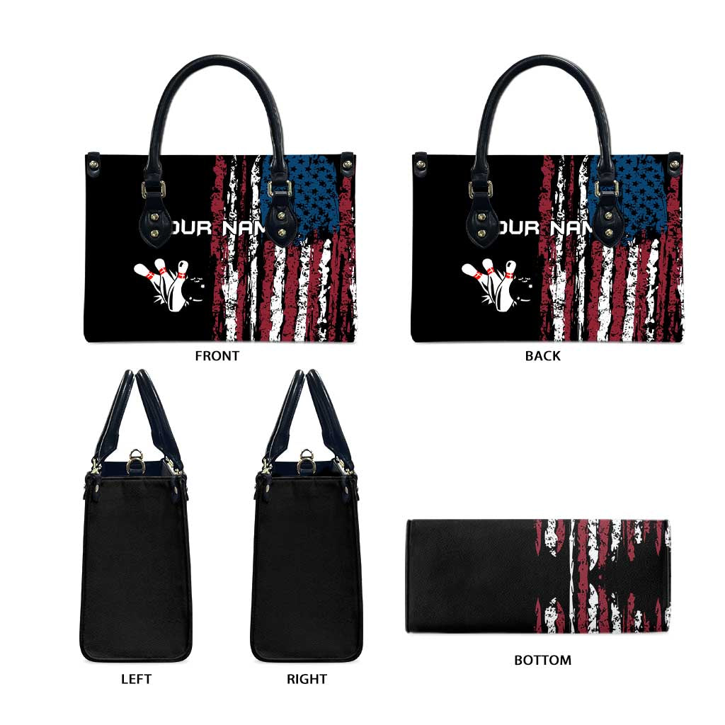 Distressed American Flag Leather Bag with Bowling Pins and Ball Vertical Stripe Design - Wonder Print Shop