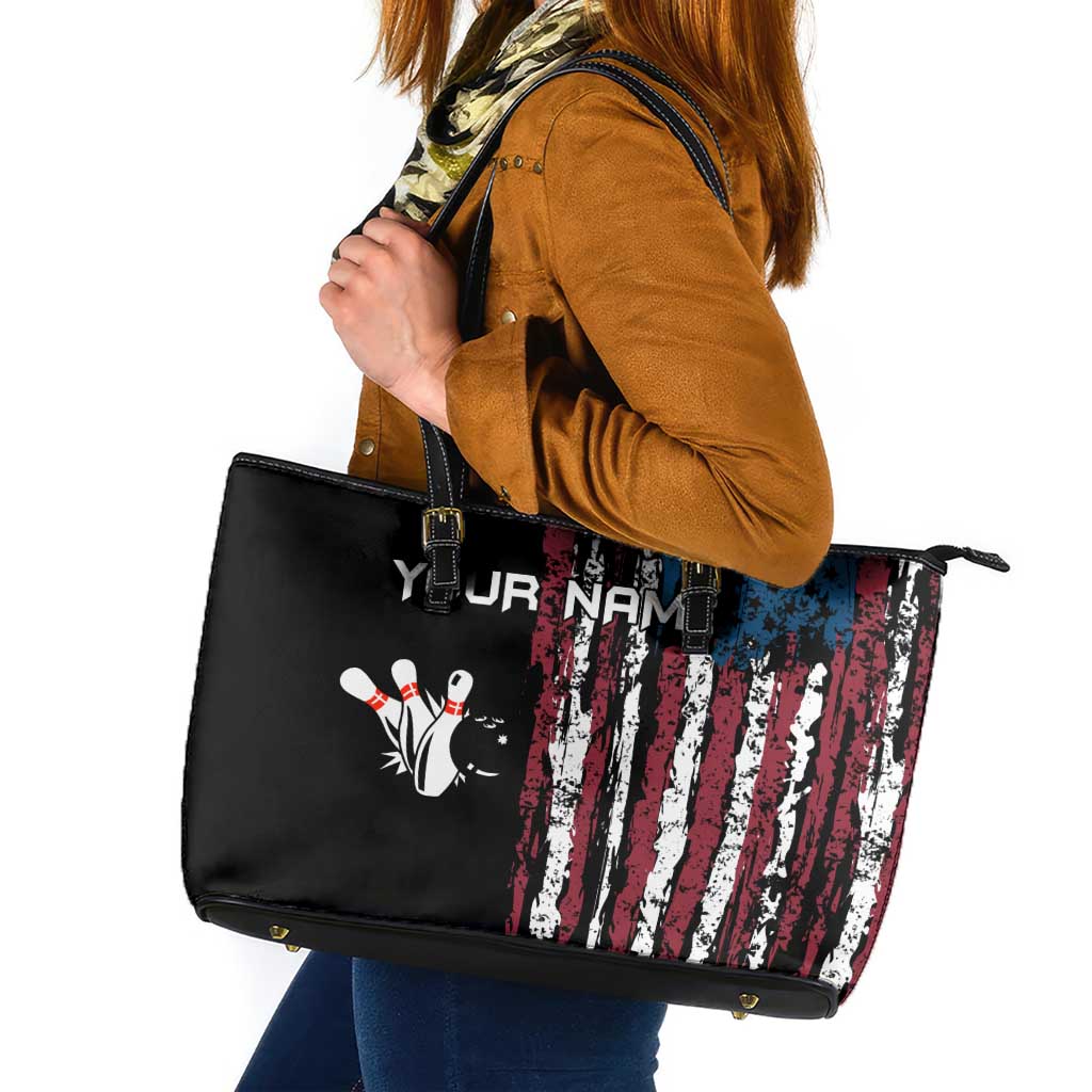 Distressed American Flag Leather Tote Bag with Bowling Pins and Ball Vertical Stripe Design - Wonder Print Shop