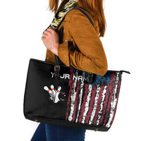 Distressed American Flag Leather Tote Bag with Bowling Pins and Ball Vertical Stripe Design - Wonder Print Shop