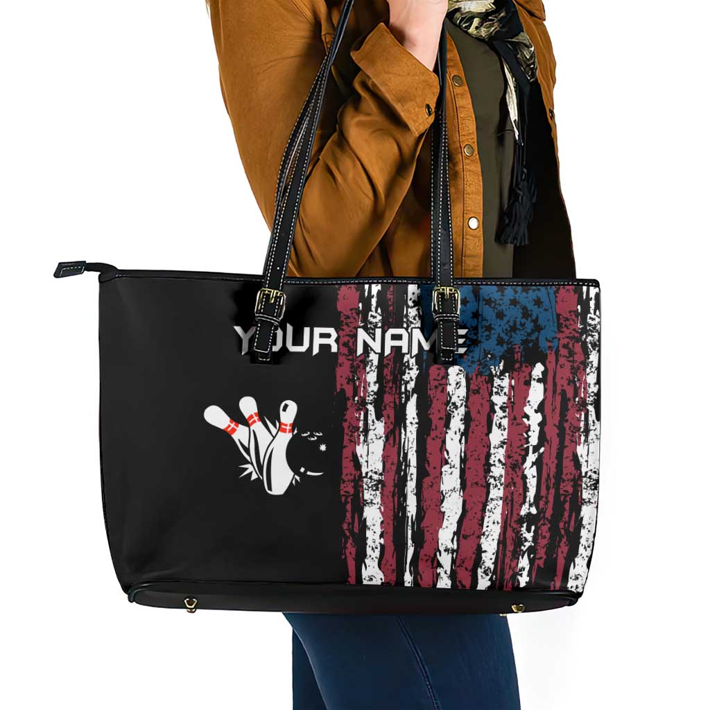 Distressed American Flag Leather Tote Bag with Bowling Pins and Ball Vertical Stripe Design - Wonder Print Shop