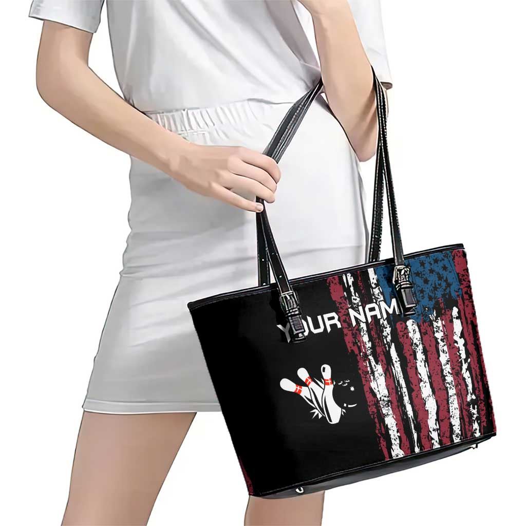 Distressed American Flag Leather Tote Bag with Bowling Pins and Ball Vertical Stripe Design - Wonder Print Shop